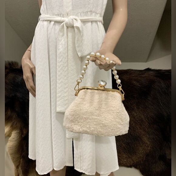 2 Chain Styles Handmade Real Shearling Push lock Clutch/Wristlet/Crossbody - Picture 3 of 11